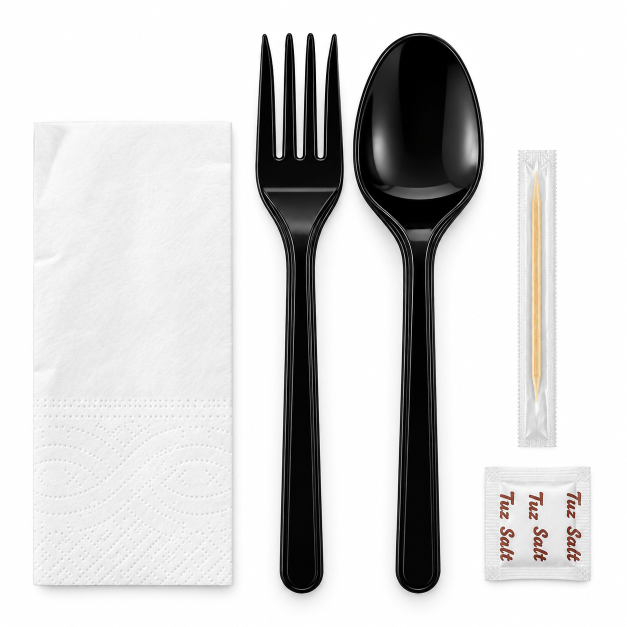 5'Li Set Lüks Siyah (Çatal, Kaşık, Tuz, Peçete, Kürdan) 3,8 Gr. 500 Adet