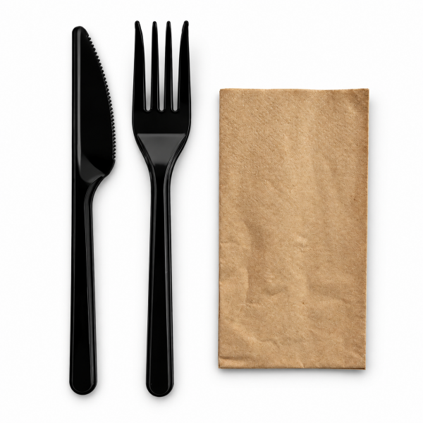 3'Lü Set Lüks Siyah (Çatal, Bıçak, Peçete) 500 Adet 3,8 Gr