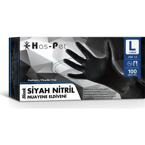 Has-Pet Siyah Nitril Muayene Eldiveni Pudrasız Large 100 Adet
