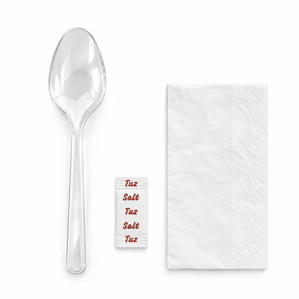 3'Lü Set Lüks Şeffaf (Kaşık Tuz Peçete) 500 Adet 3,6 gr