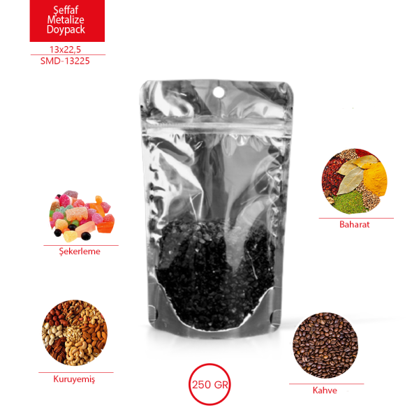 Şeffaf Metalize Kilitli Doypack 13x22 cm Koli 2500 Adet