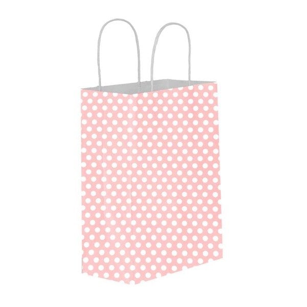Pembe Puantiyeli Hediyelik Küçük Boy Kağıt Çanta 18x24x8cm
