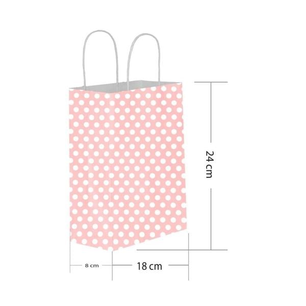 Pembe Puantiyeli Hediyelik Küçük Boy Kağıt Çanta 18x24x8cm