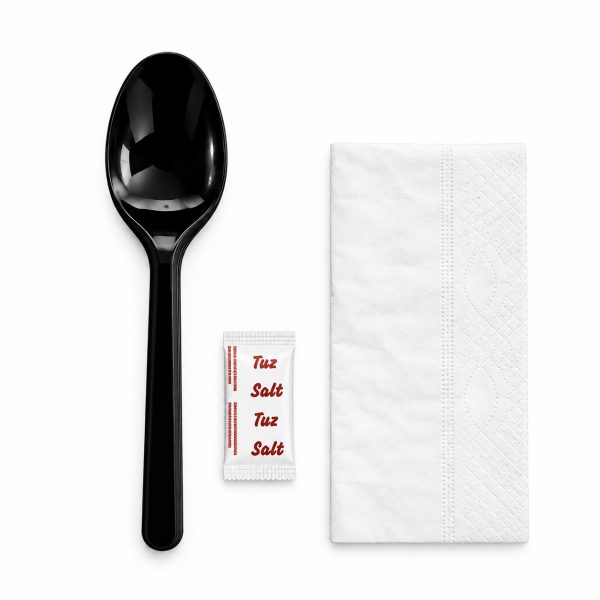 3'Lü Set Lüks Siyah (Kaşık Tuz Peçete) 500 Adet 3,8 Gr