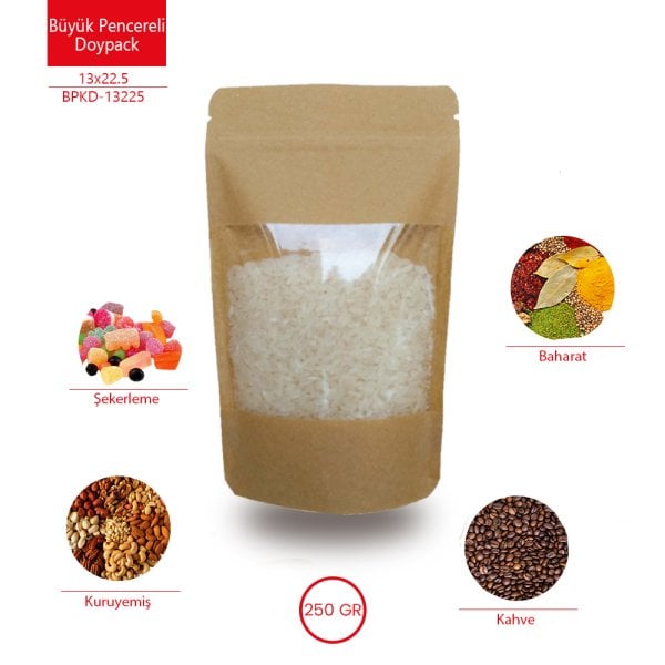 Geniş Pencereli Kraft Doypack 13x22,5 cm Paket 100 Adet