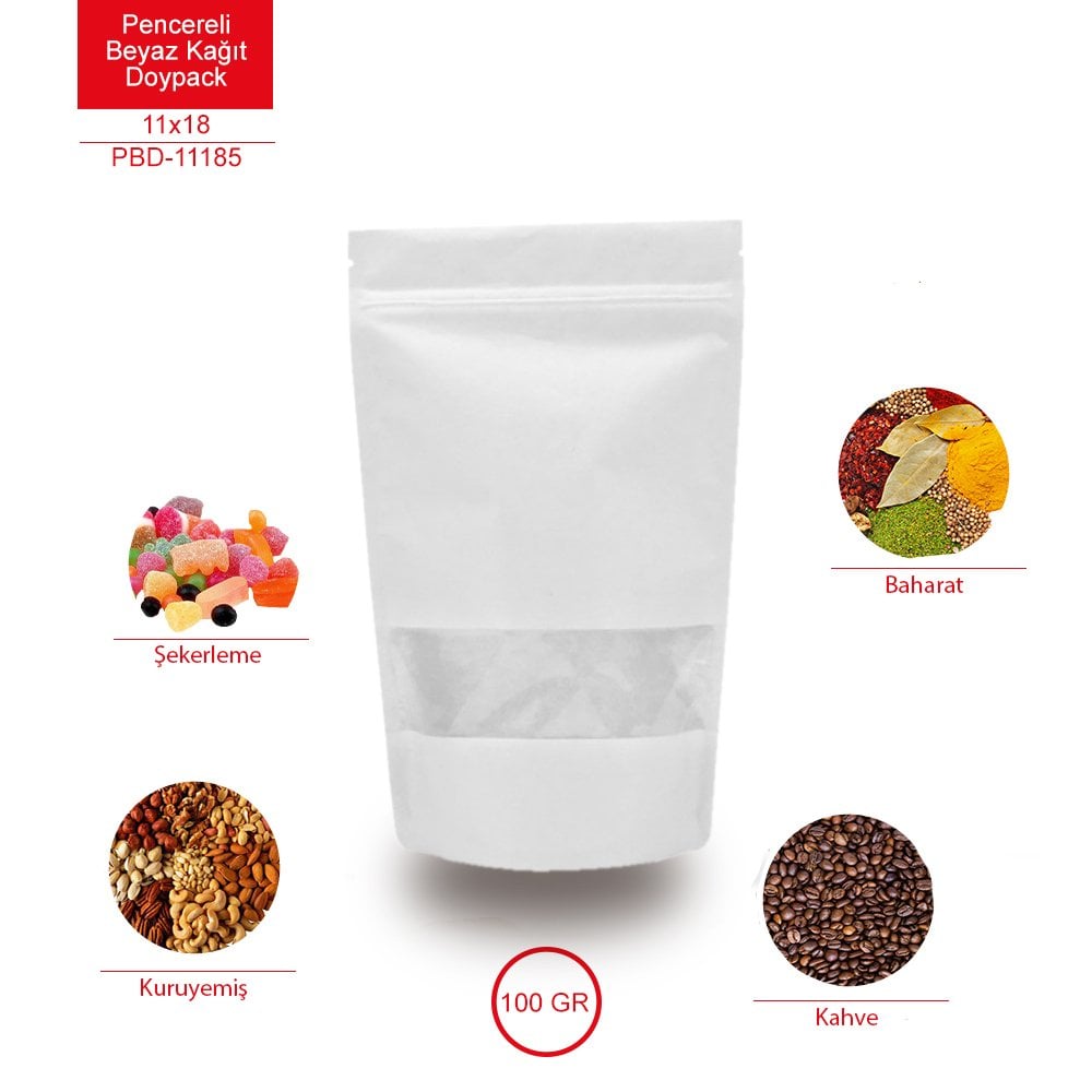 Beyaz Kraft Pencereli Kilitli Doypack 11x18 cm