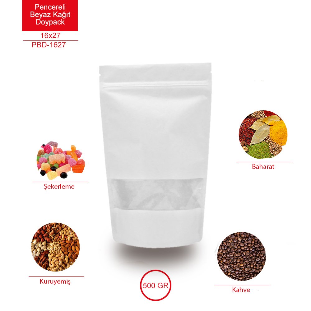 Beyaz Kraft Pencereli Kilitli Doypack 16x27 cm