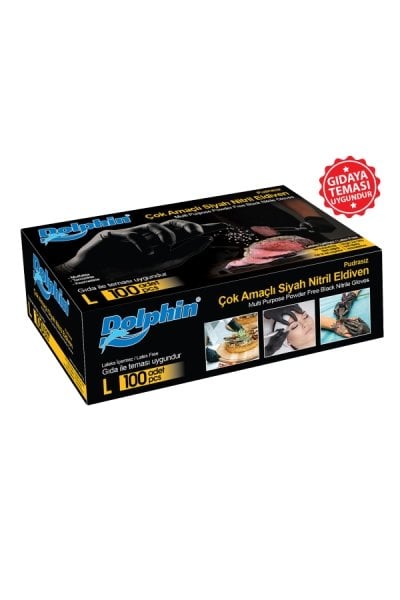 Dolphin Çok Amaçlı Siyah Nitril Eldiven (L) 100lü (Gıdaya Uygun)