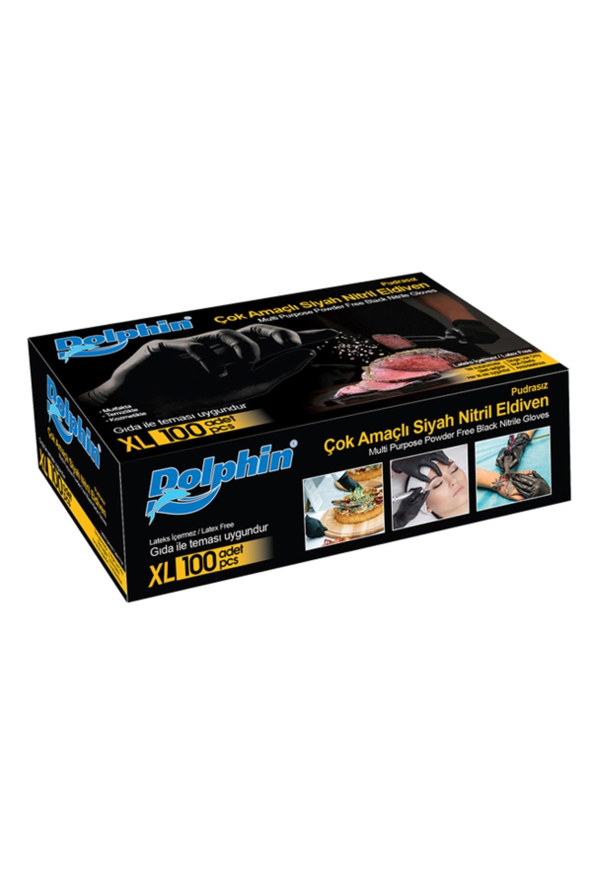 Dolphin Çok Amaçlı Siyah Nitril Eldiven (XL) 100lü (Gıdaya Uygun)