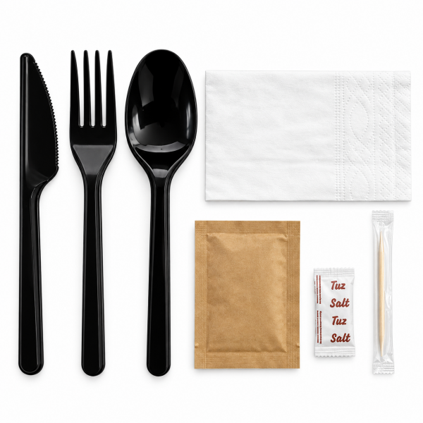 7'li Lüks Siyah (Çatal, Bıçak, Kaşık, Peçete, Mendil, Tuz, Kürdan) Yemek Seti 500 Adet 3,8 gr